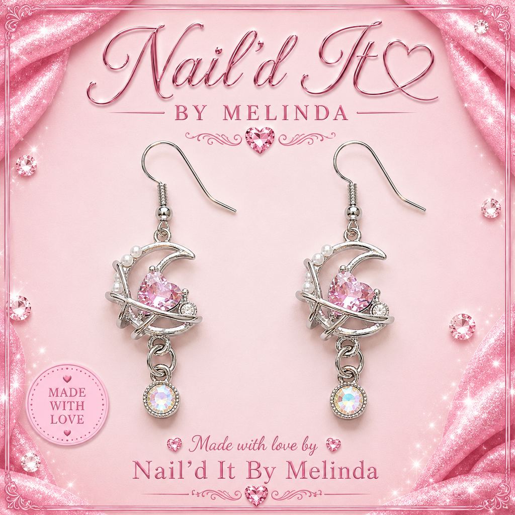 Silver Crescent Moon Pink Heart Crystal & Dangling Gem Earrings – Pink with a Purpose