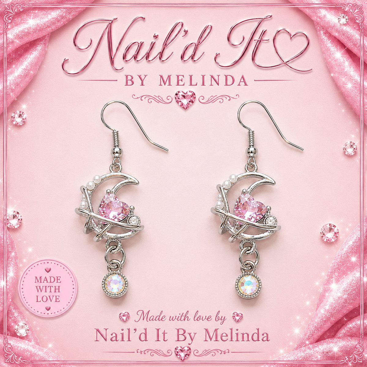 Silver Crescent Moon Pink Heart Crystal & Dangling Gem Earrings – Pink with a Purpose