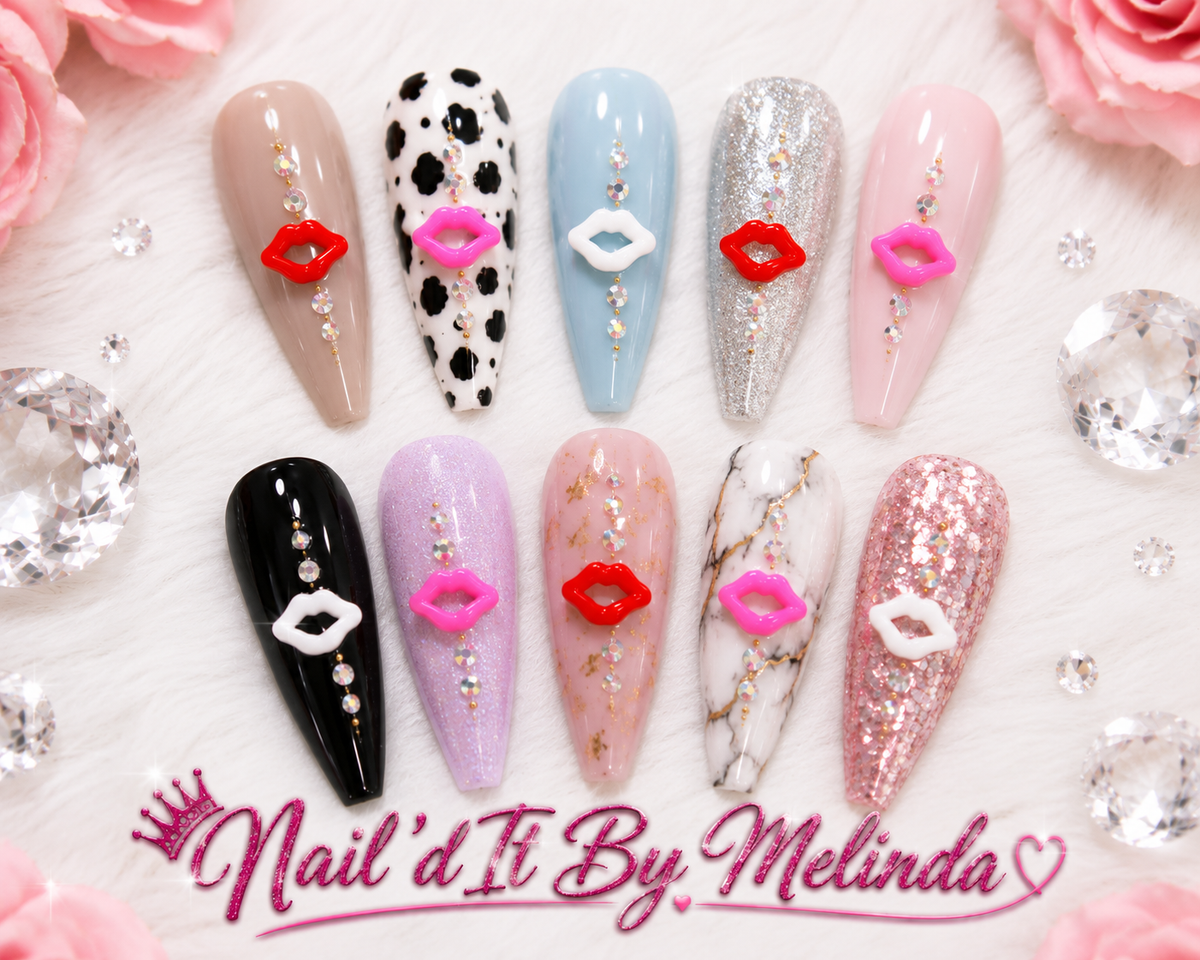 All My Kisses lip nail charms shown on nails