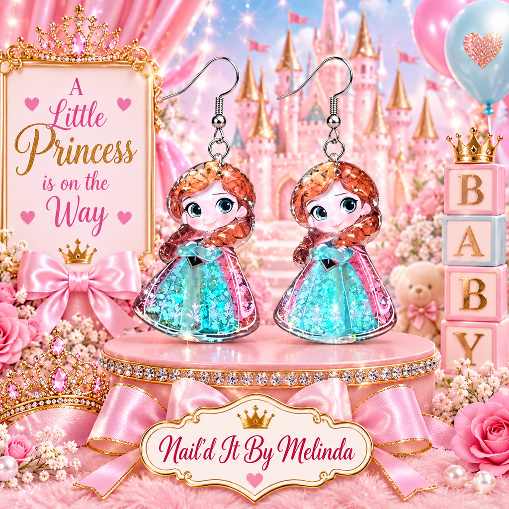Princess Anna Frozen Teal Glitter Dangle Earrings - pink castle branded background