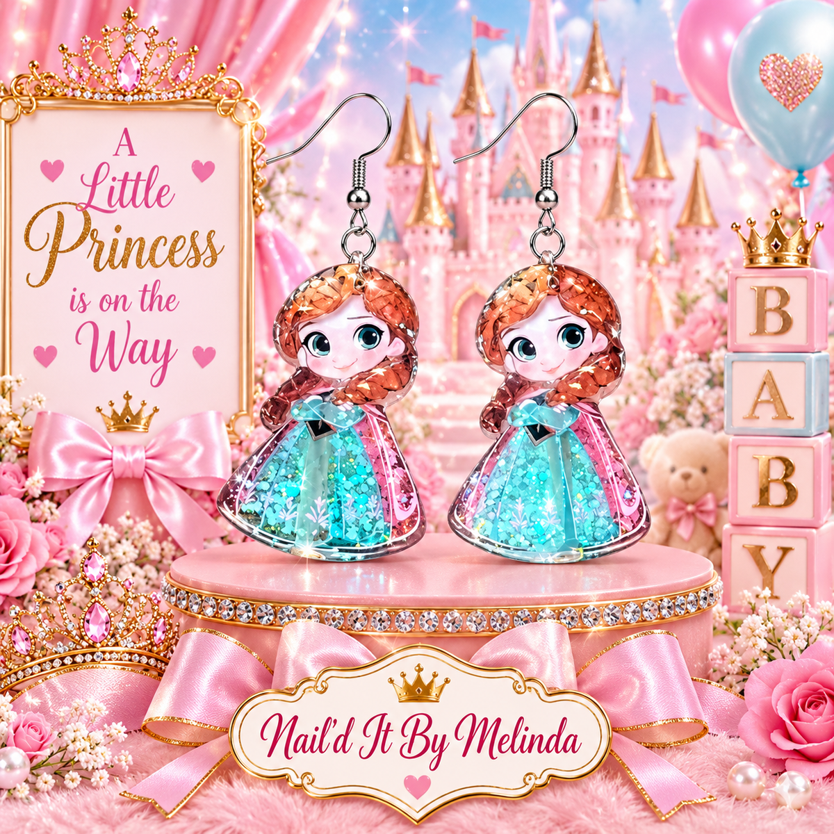 Princess Anna Frozen Teal Glitter Dangle Earrings - pink castle branded background
