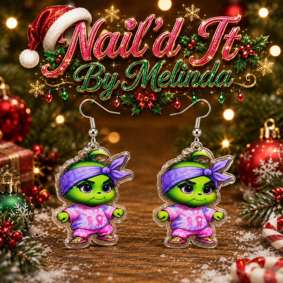 Breast Cancer Awareness Grinch Tie-Dye Acrylic Dangle Earrings