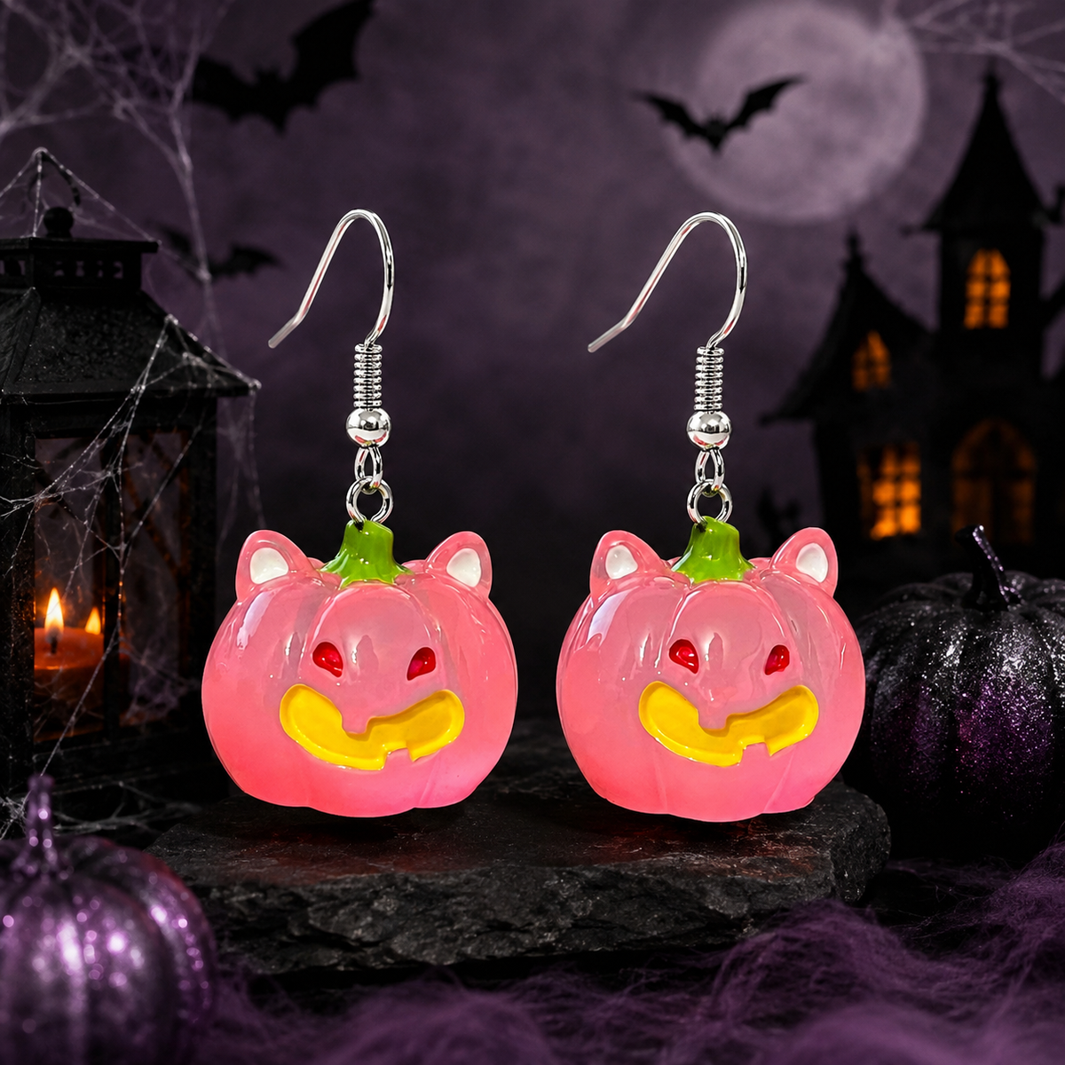 Spooky Pumpkin Dangle Earrings - Pink