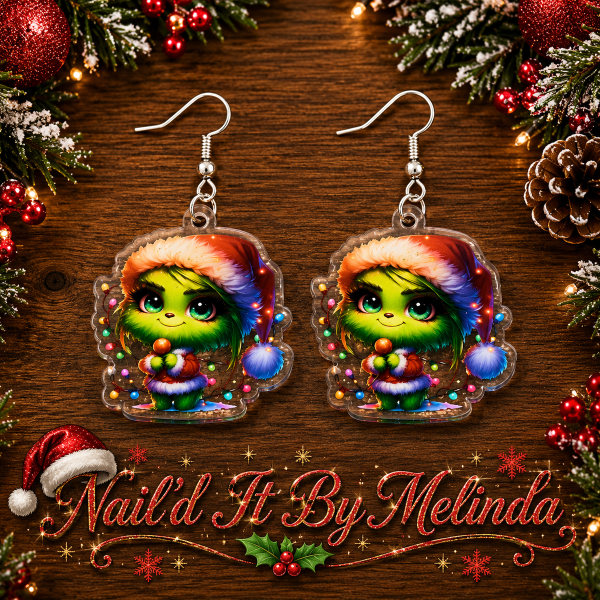 Baby Grinch Rainbow Santa Hat Acrylic Dangle Earrings