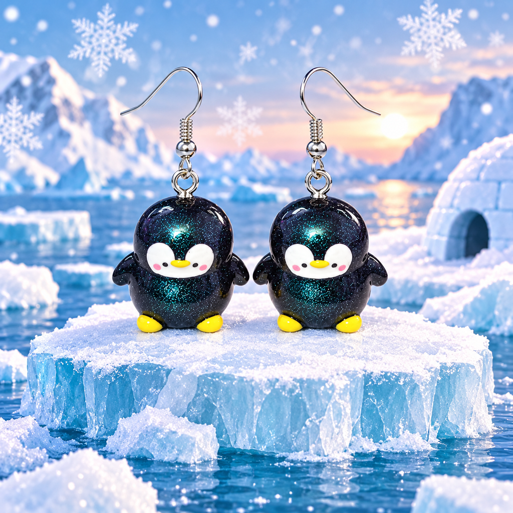 Galaxy Glitter Penguin Dangle Earrings by Nail'd It By Melinda - arctic background