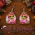 Pink Ribbon Grinch Girl Acrylic Dangle Earrings