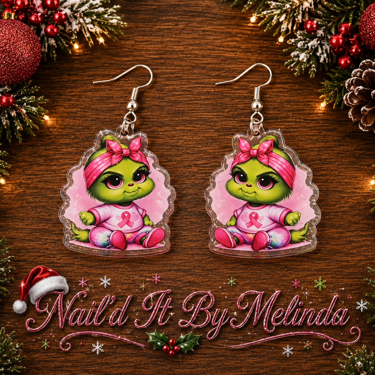 Pink Ribbon Grinch Girl Acrylic Dangle Earrings