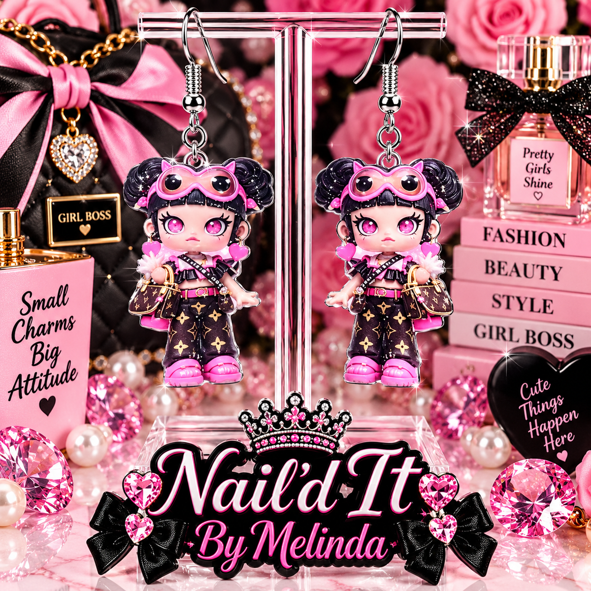 Girl Boss Biker Fashion Doll LV Inspired Dangle Earrings on display stand with pink rose backdrop