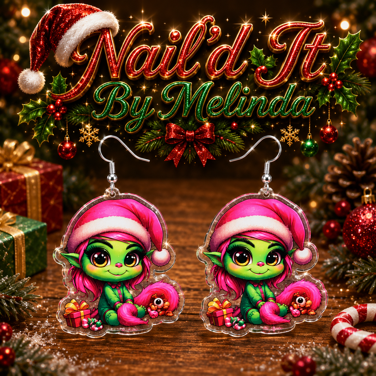 Pink Hair Grinch Girl Santa Hat Acrylic Dangle Earrings