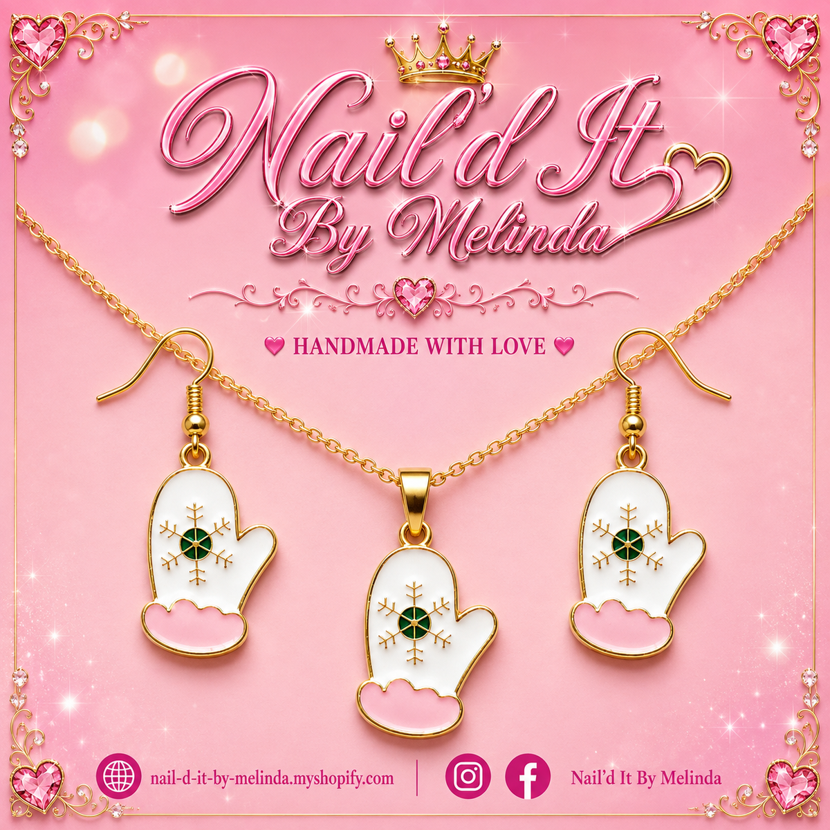 White & Pink Winter Mitten with Green Snowflake Crystal Earring & Necklace Set – Pink with a Purpose