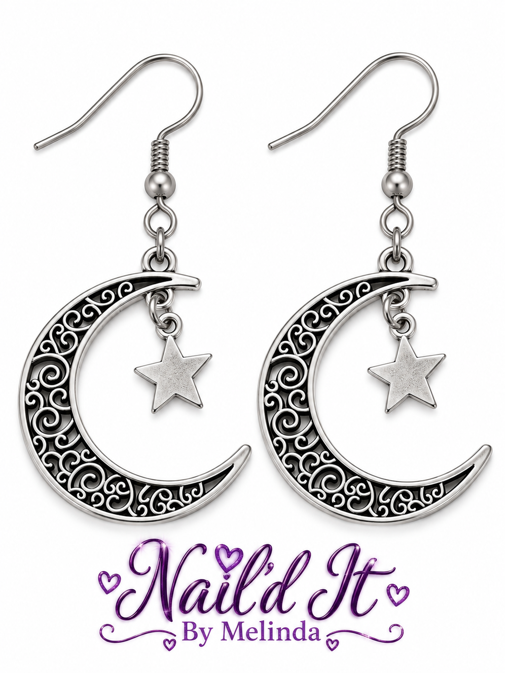Celestial crescent moon and star earrings with Nail'd It By Melinda branding