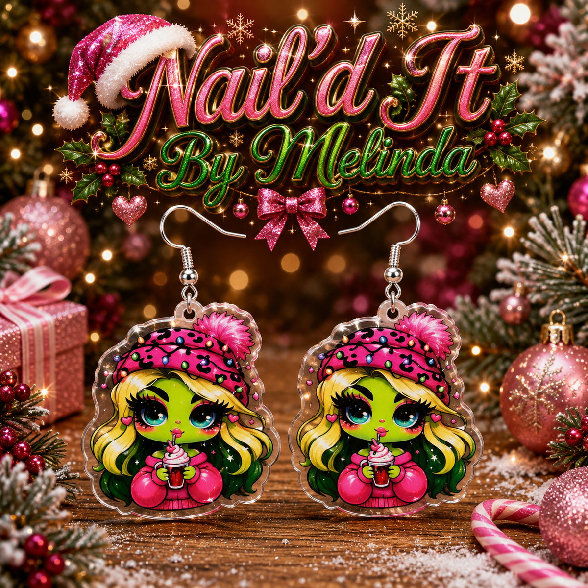 Glam Grinch Girl Leopard Hat and Holiday Drink Acrylic Dangle Earrings