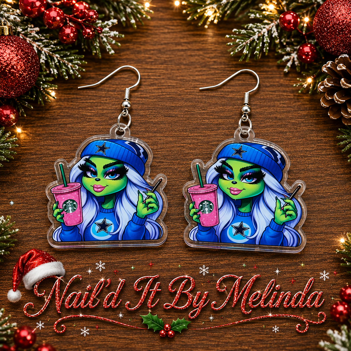 Dallas Cowboys Grinch Girl Starbucks Acrylic Dangle Earrings