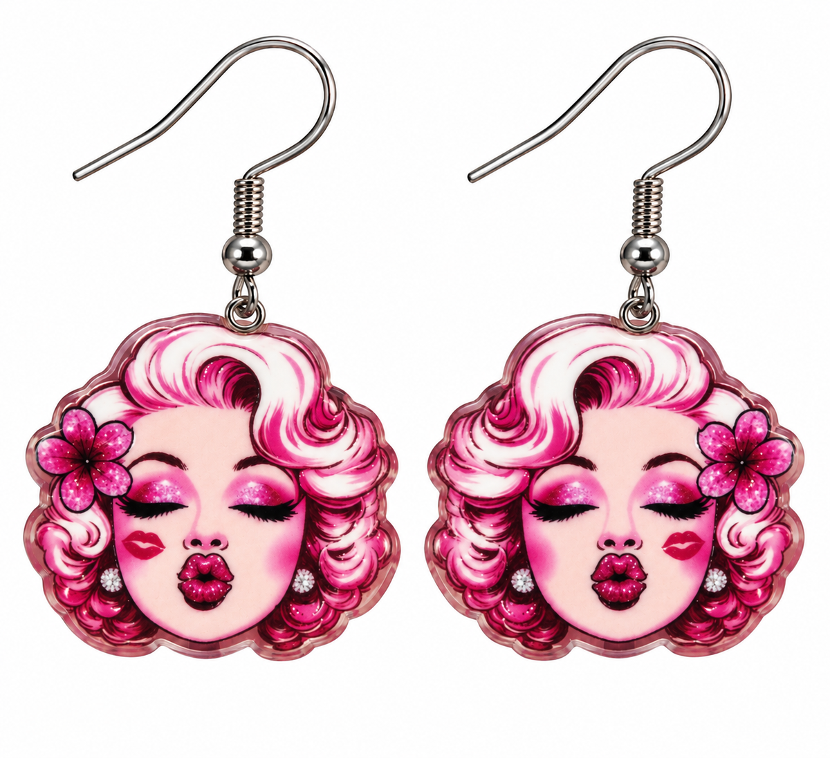 Pink glam icon kisses dangle earrings – product close-up on white background