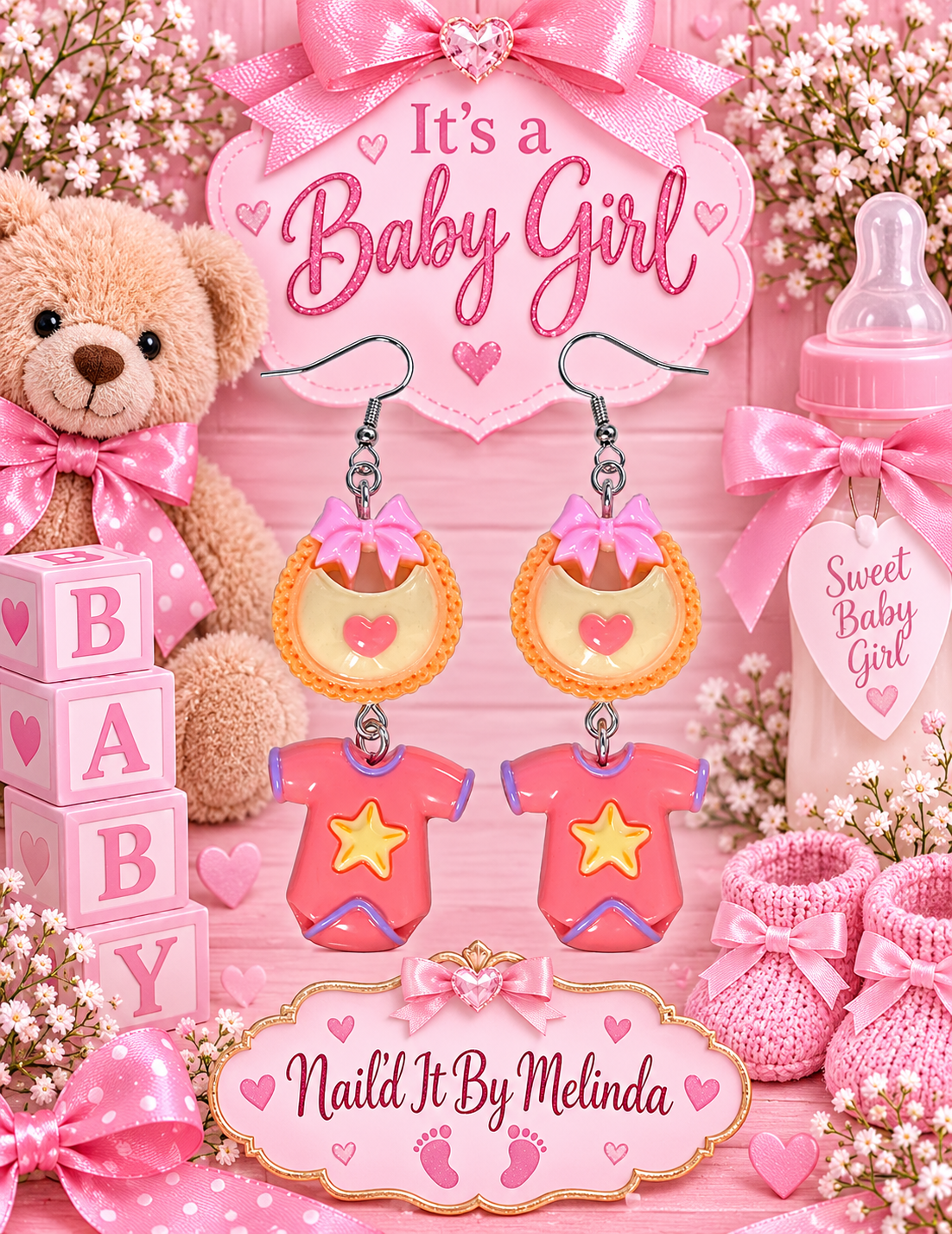 It's a Baby Girl Bib and Onesie Dangle Earrings by Nail'd It By Melinda