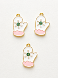 White and pink enamel winter mitten with green snowflake crystal earring and necklace set