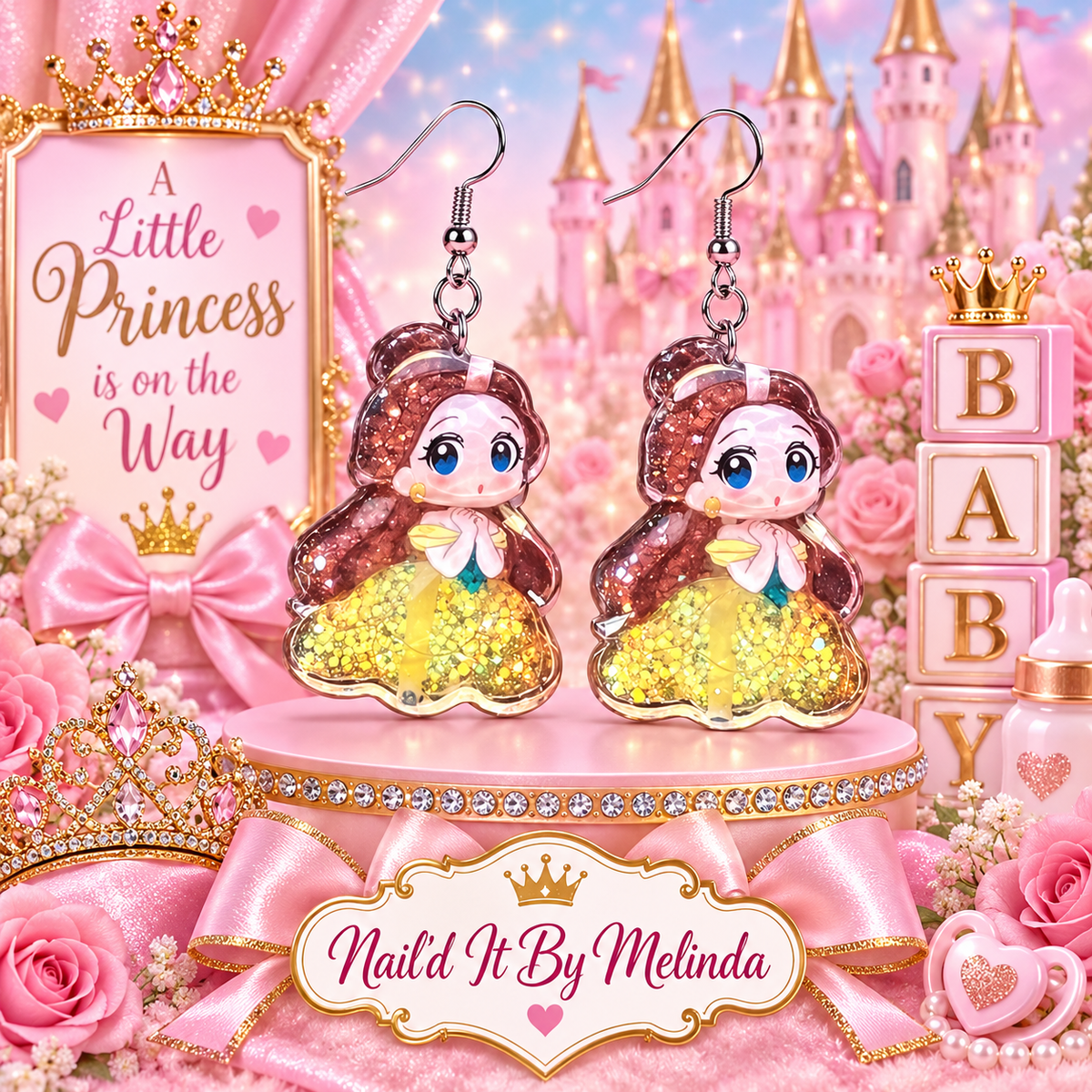 Belle Beauty and the Beast Gold Glitter Dangle Earrings
