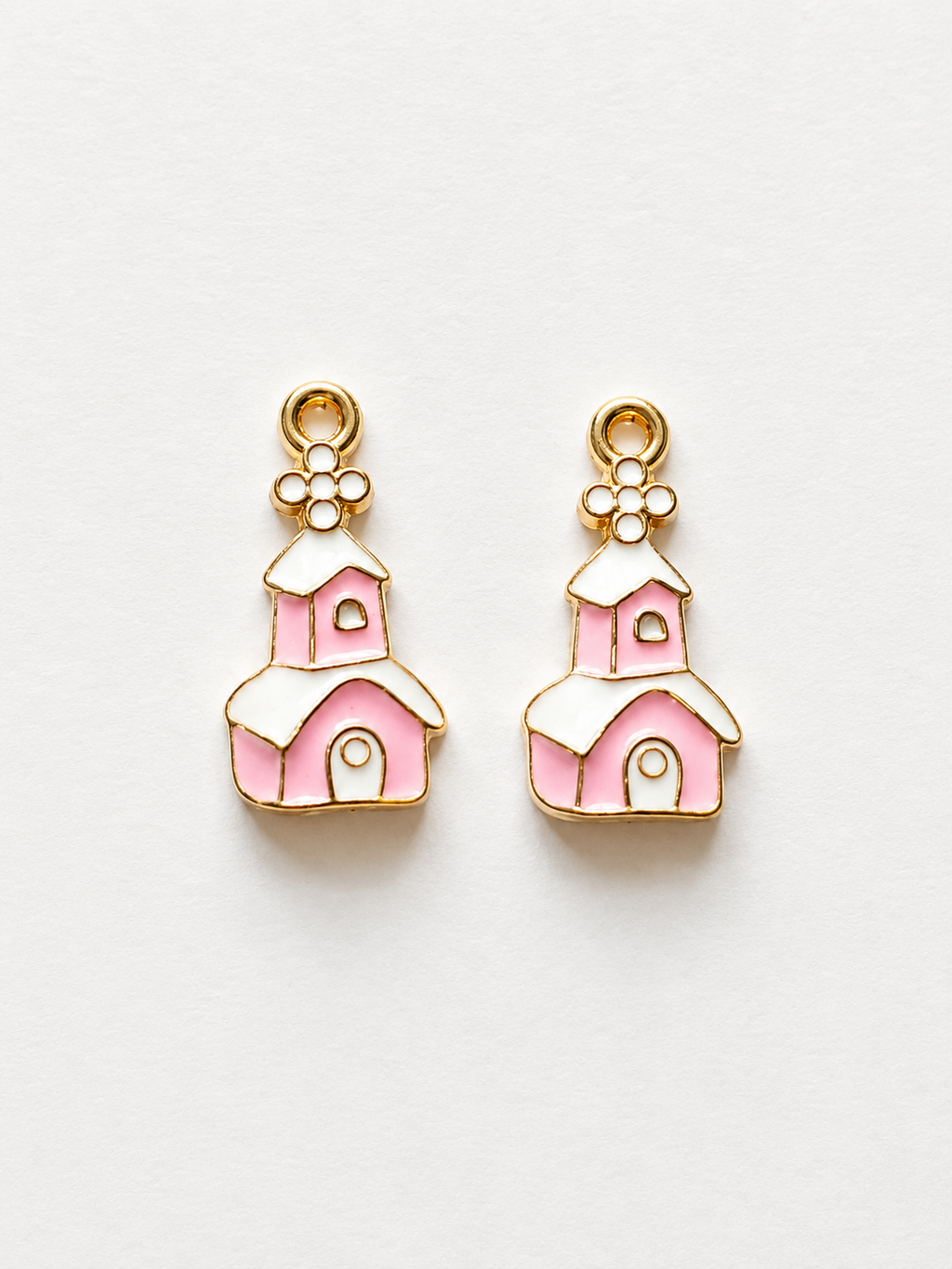 Pink enamel Christmas church house earrings with gold flower accent