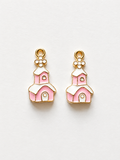 Pink enamel Christmas church house earrings with gold flower accent