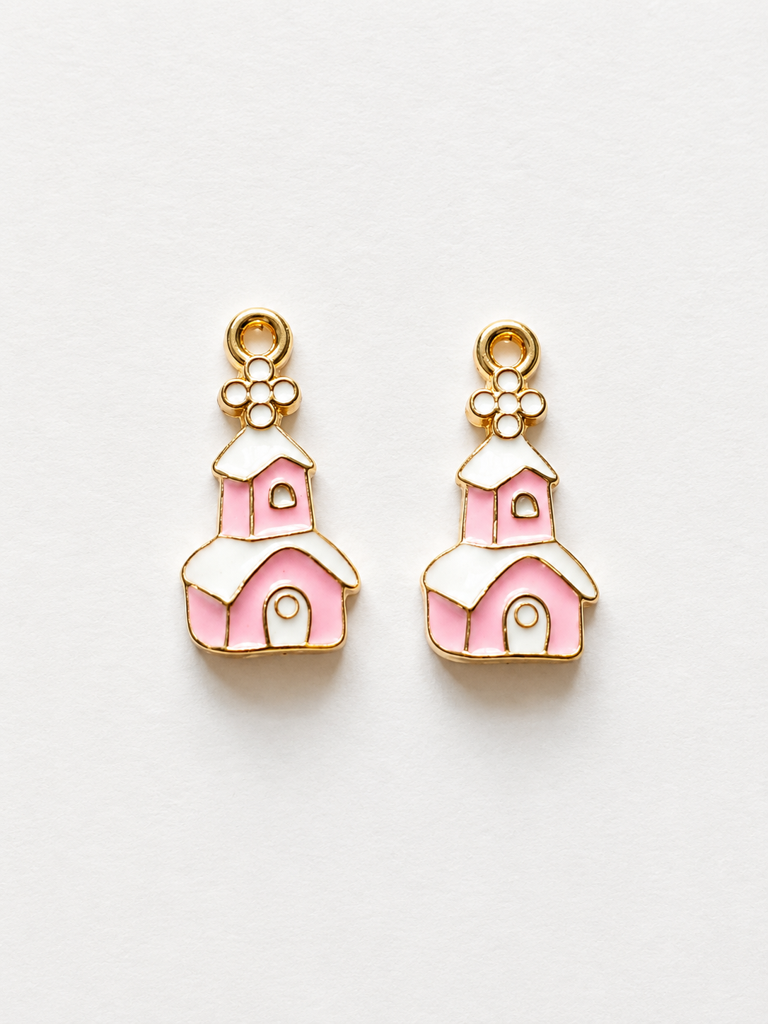 Pink enamel Christmas church house earrings with gold flower accent