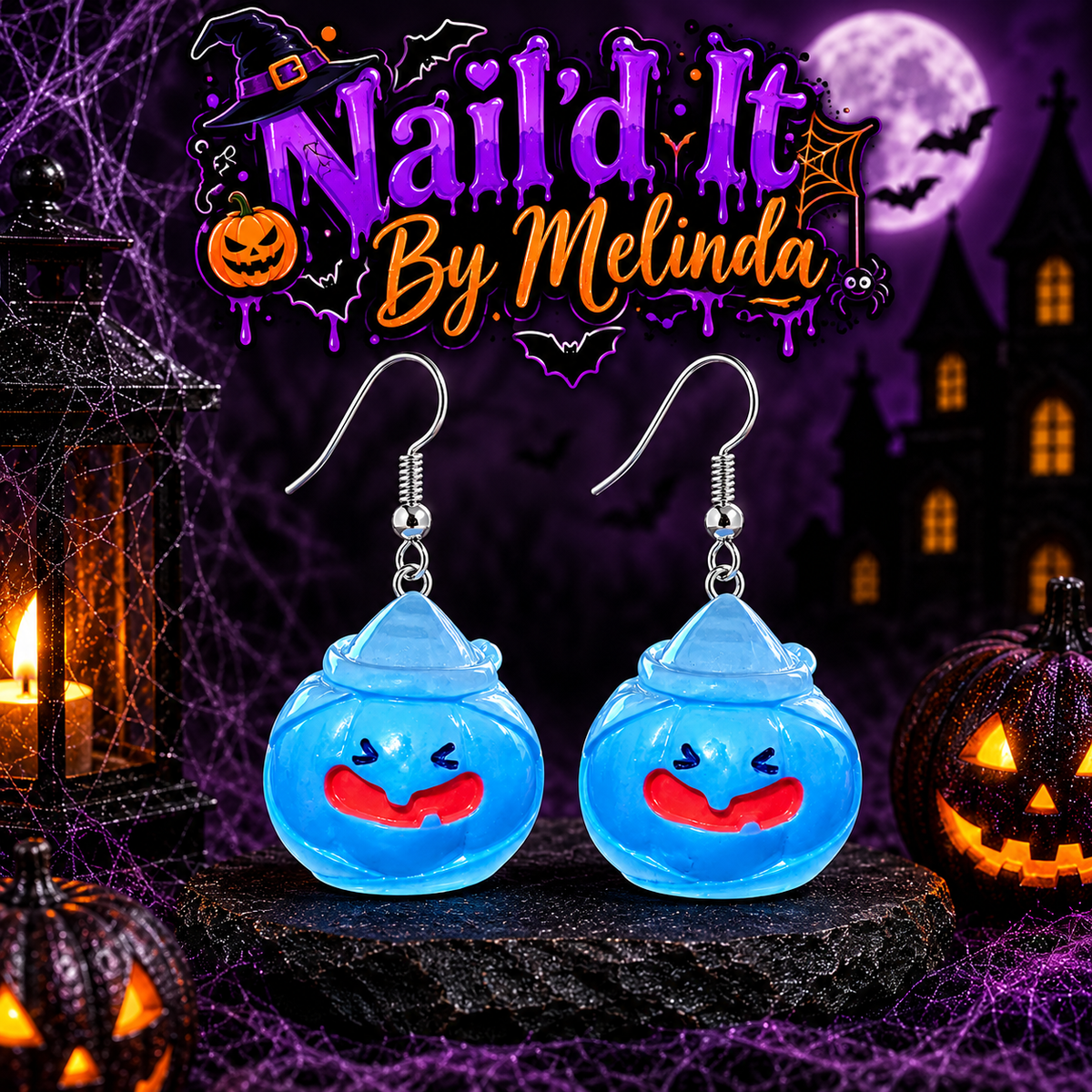 Spooky Pumpkin Dangle Earrings - Blue with logo