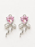 Pink heart crystal bow ribbon drop earrings in silver