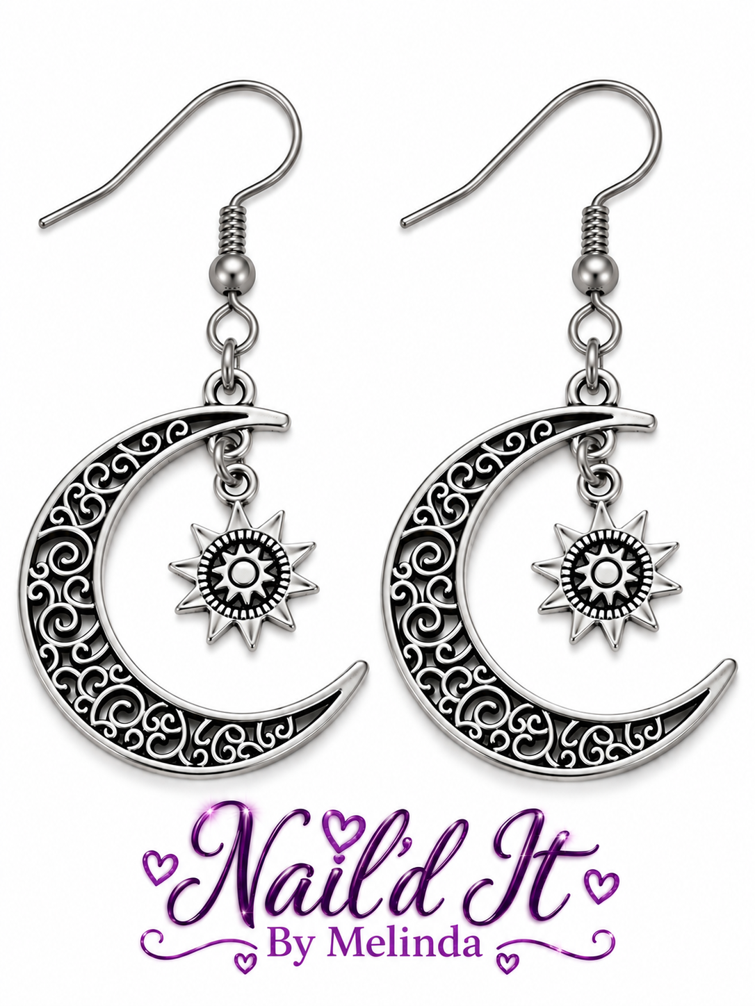 Brushed nickel celestial moon and sun earrings with Nail'd It By Melinda branding