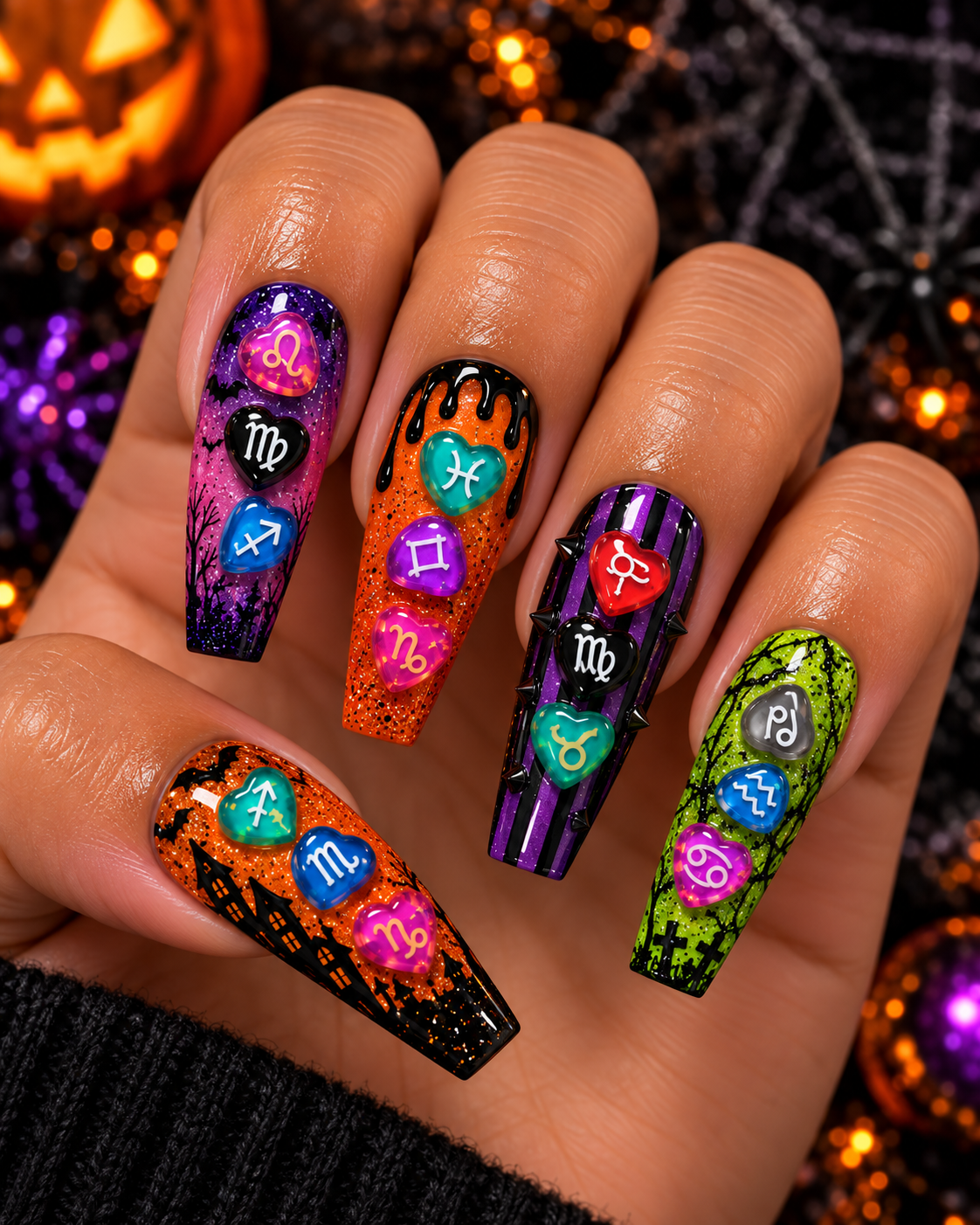 Halloween Zodiac Heart Nail Charms