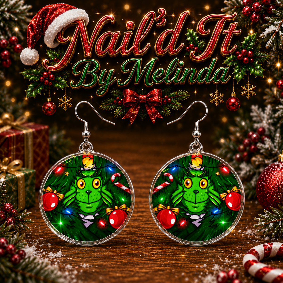 Grinch Christmas Wreath Circle Acrylic Dangle Earrings