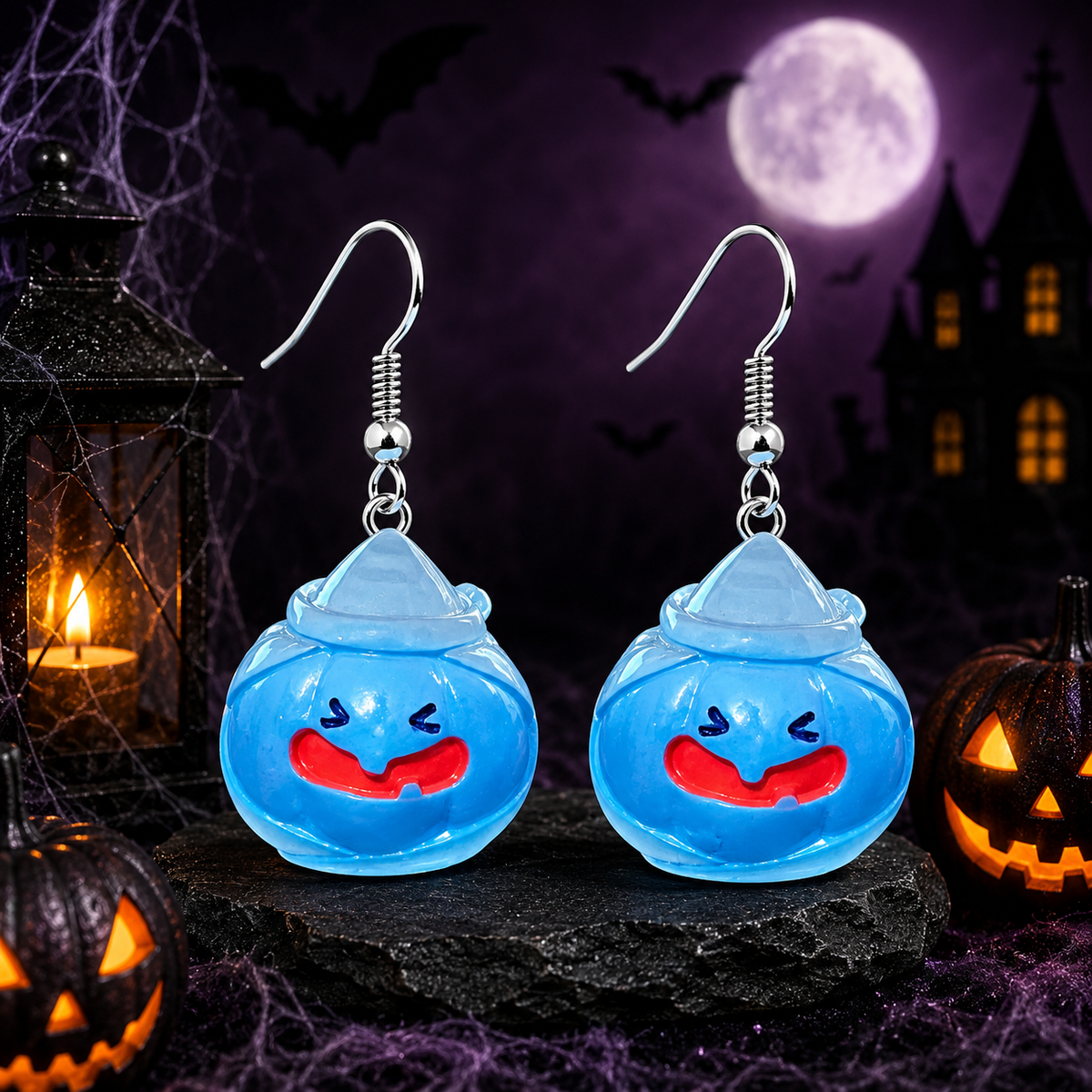 Spooky Pumpkin Dangle Earrings - Blue