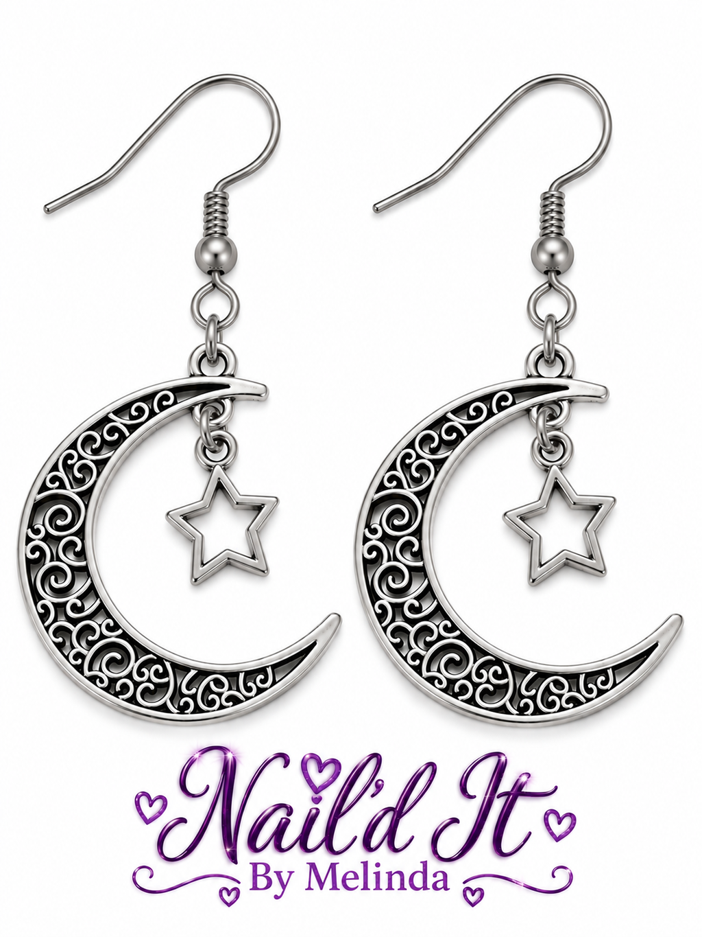 Brushed nickel celestial crescent moon and open star earrings with Nail'd It By Melinda branding