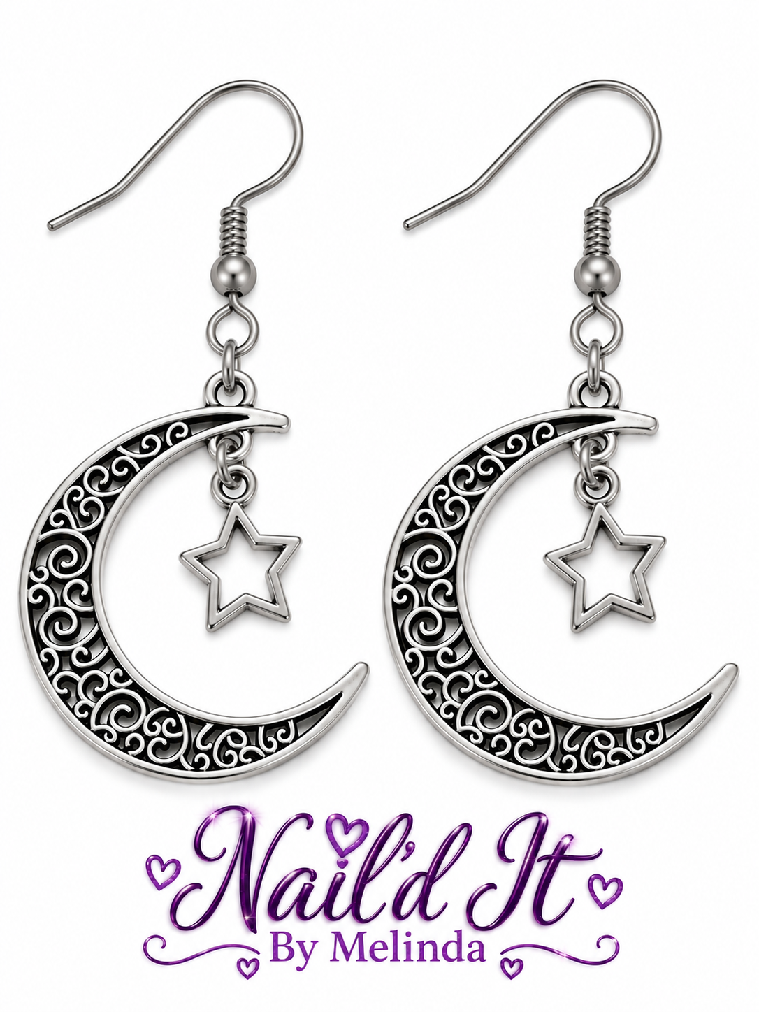 Brushed nickel celestial crescent moon and open star earrings with Nail'd It By Melinda branding