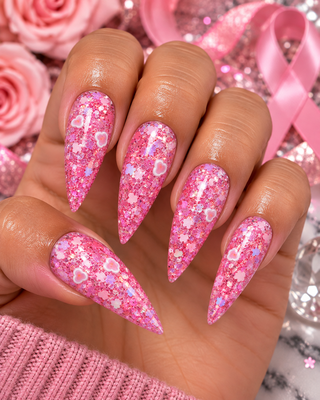 Pink Heart Nail Sugar Glitter Mix - Breast Cancer Awareness