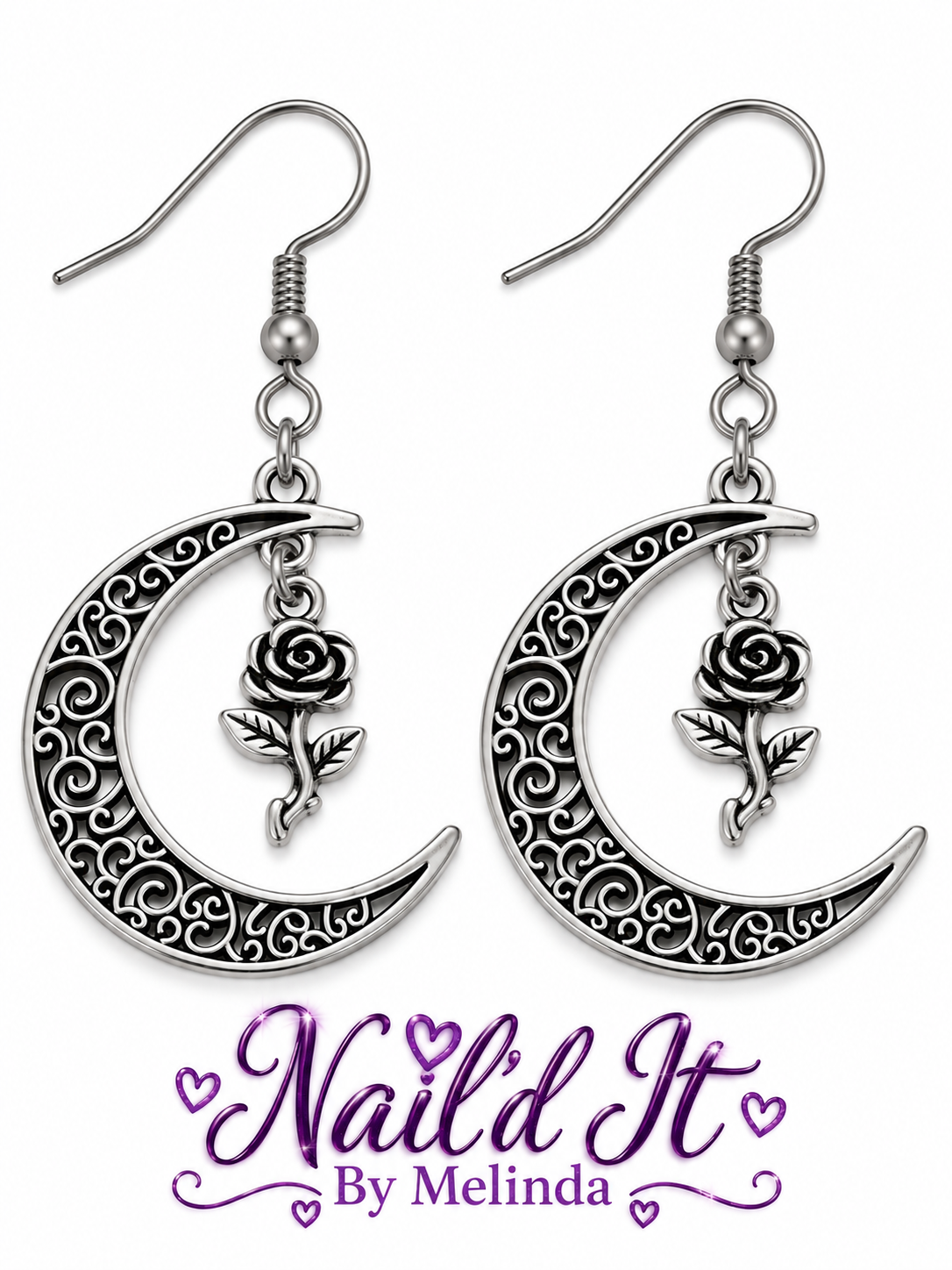 Brushed nickel celestial moon and rose earrings with Nail'd It By Melinda branding