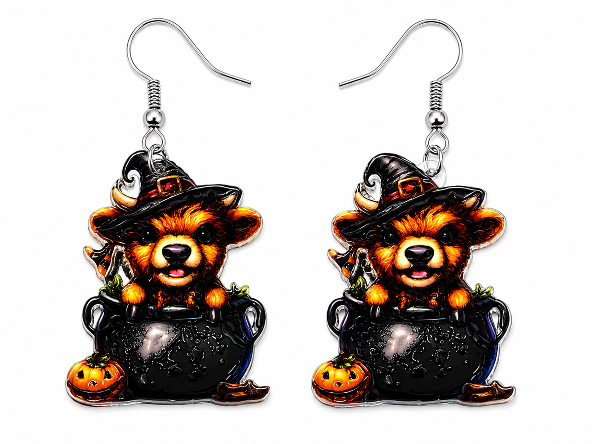 Halloween Highland Cow Witch Earrings