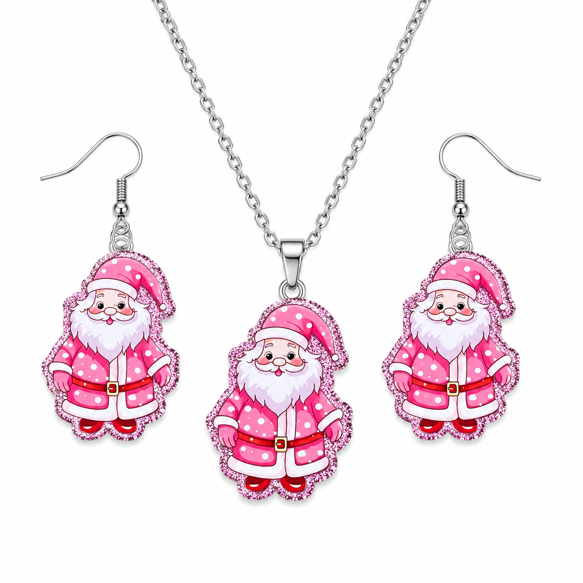 Pink glitter Santa Claus earring and necklace set with polka dot suit and scalloped border