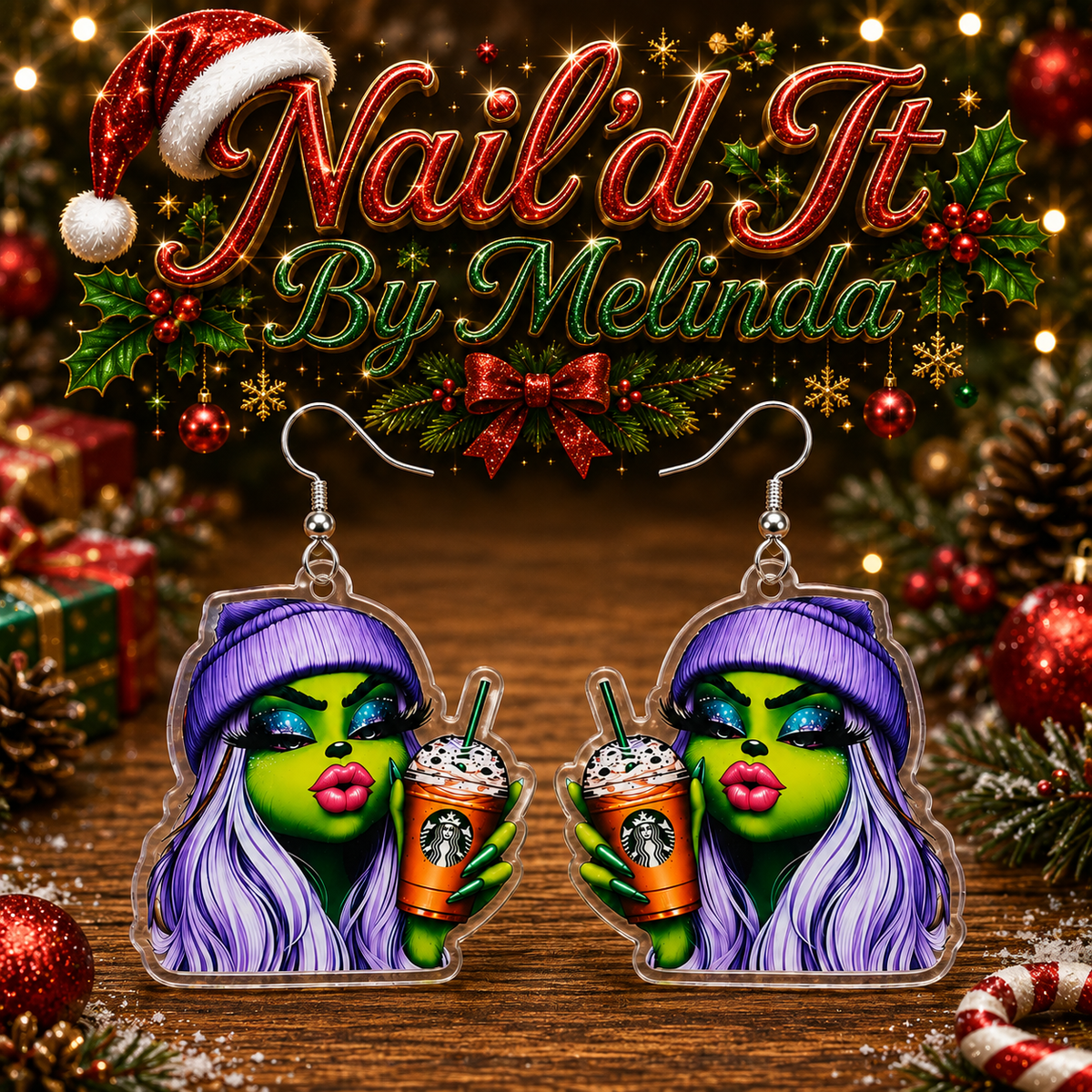 Glam Grinch Girl Purple Hair Starbucks Frappuccino Acrylic Dangle Earrings
