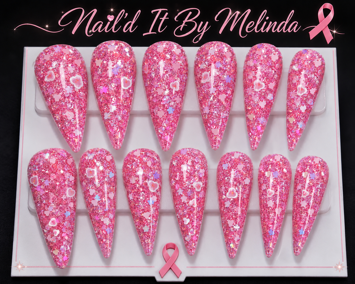 Pink Heart Nail Sugar Glitter Mix press-on nails display - Nail'd It By Melinda