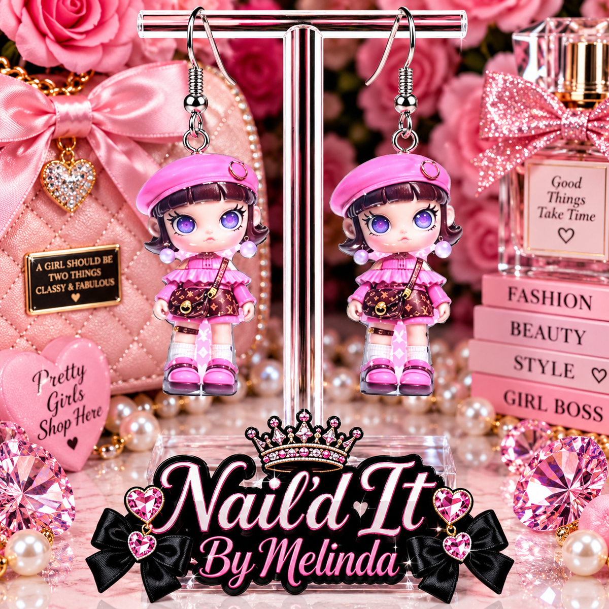 Pink Beret Fashion Doll LV Inspired Dangle Earrings on display stand with pink rose backdrop