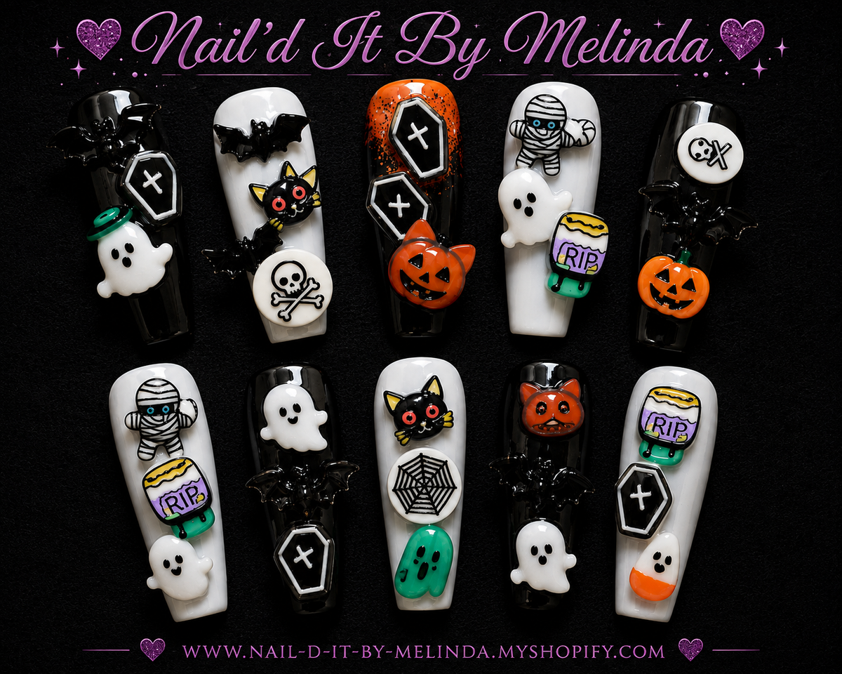 Halloween nail charms displayed on nails - Nail'd It By Melinda branded