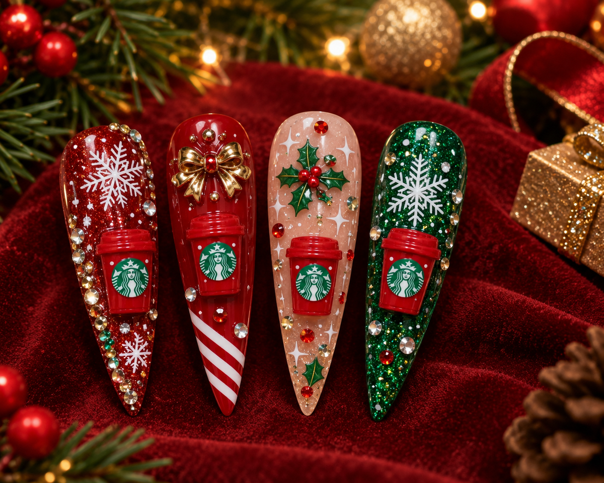 Holiday Red Coffee Cup Christmas Nail Charms – Festive 3D Nail Art
