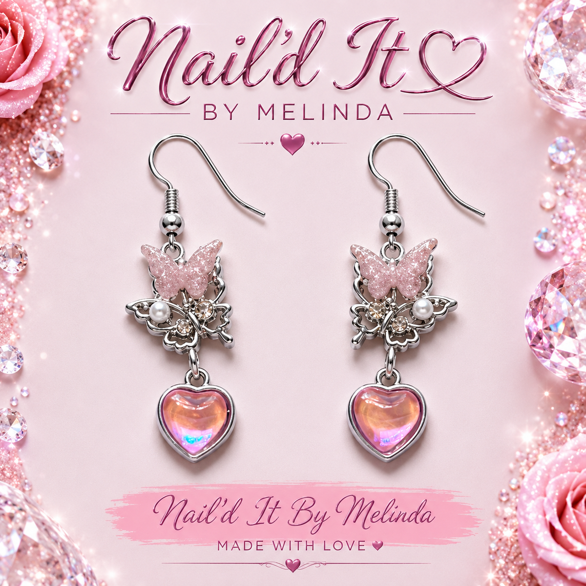 Pink butterfly and iridescent heart drop earrings by Nail'd It By Melinda
