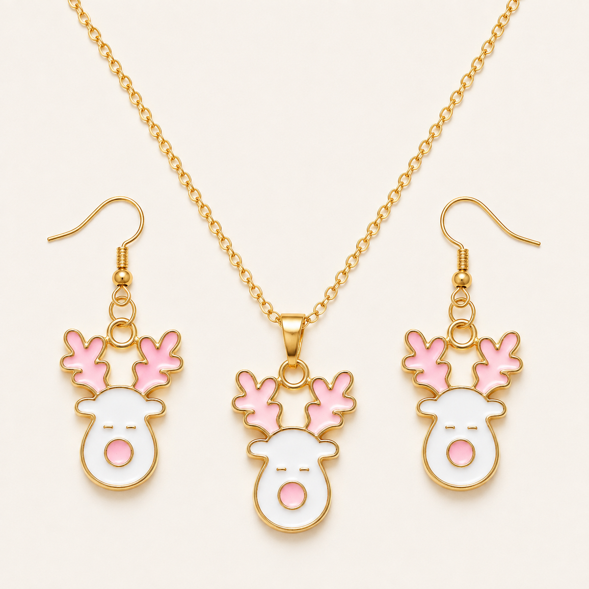 Pink & White Enamel Reindeer Face Earring & Necklace Set – Pink with a Purpose