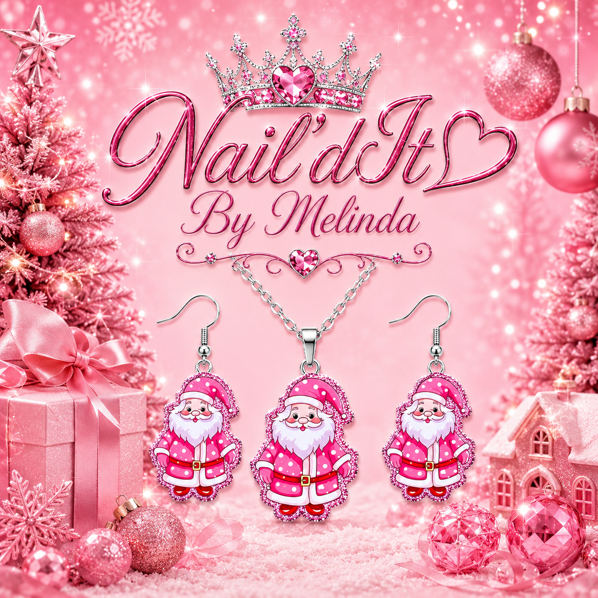 Pink Glitter Santa Claus Earring & Necklace Set – Pink with a Purpose