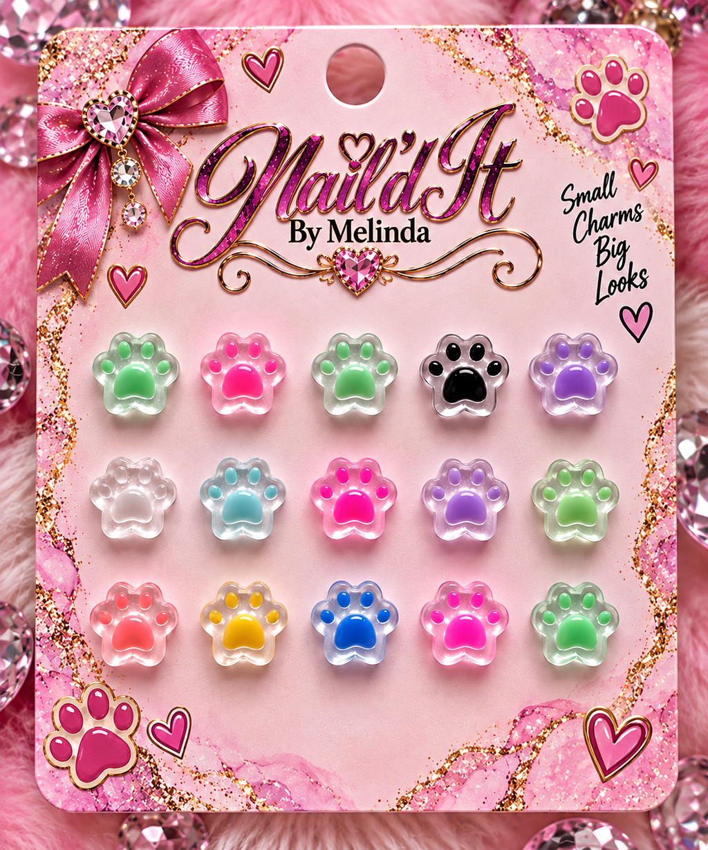 Paws & Pretty Jelly Nail Charms – full 15pc card showing all colors on branded Nail'd It By Melinda packaging