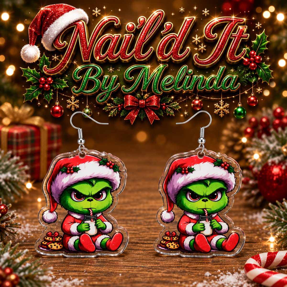 Grumpy Grinch Milk and Cookies Acrylic Dangle Earrings