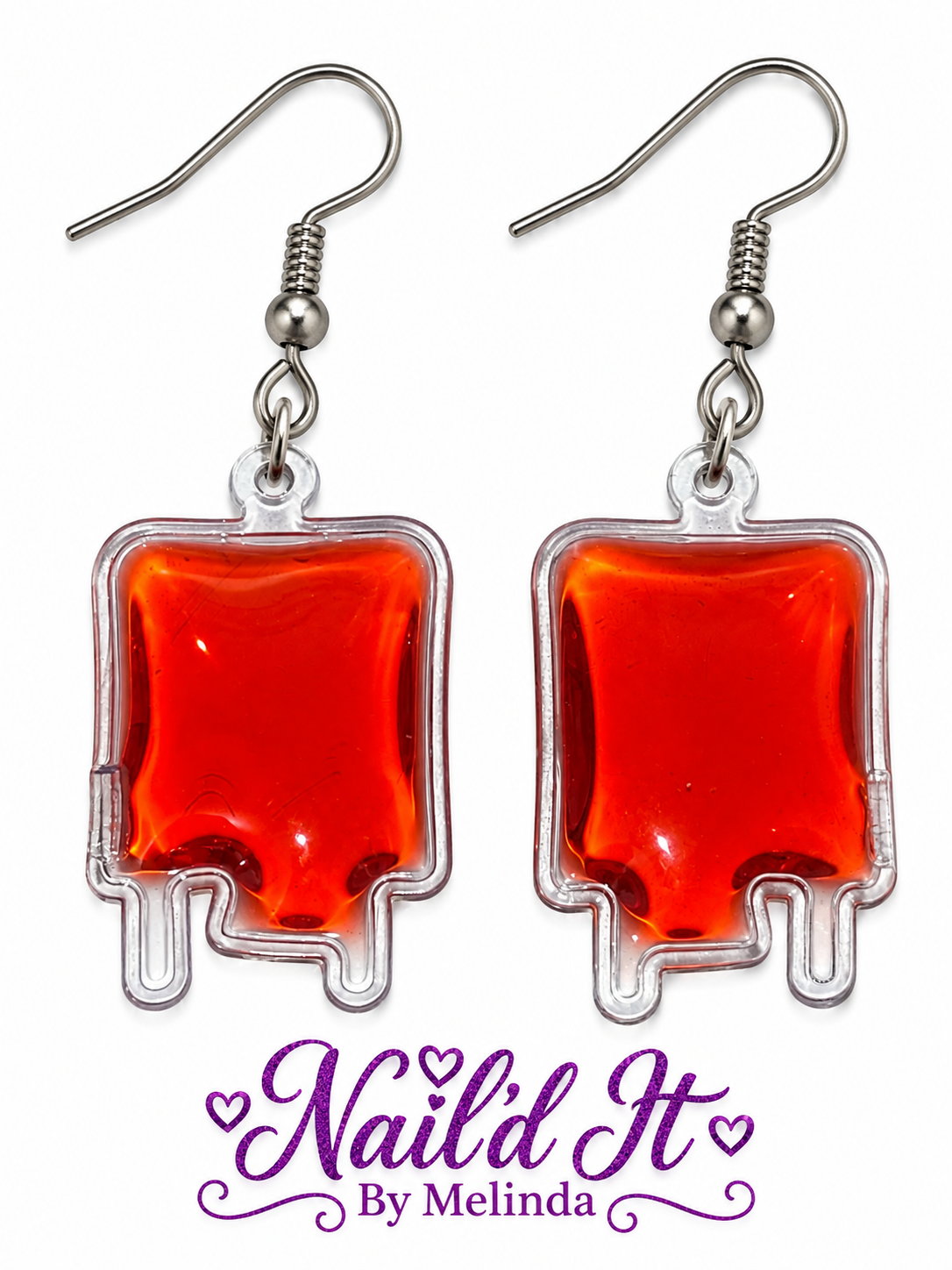 Red blood bag Halloween earrings with Nail'd It By Melinda branding