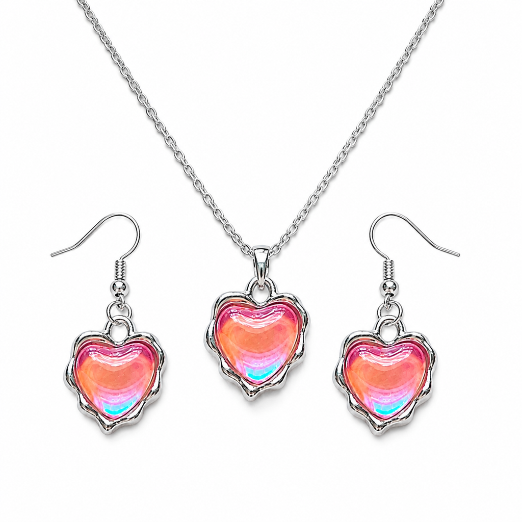 Pink Aurora Crystal Heart Earring & Necklace Set – Pink with a Purpose