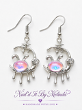 Silver dripping moon with pink aurora crystal eye drop earrings