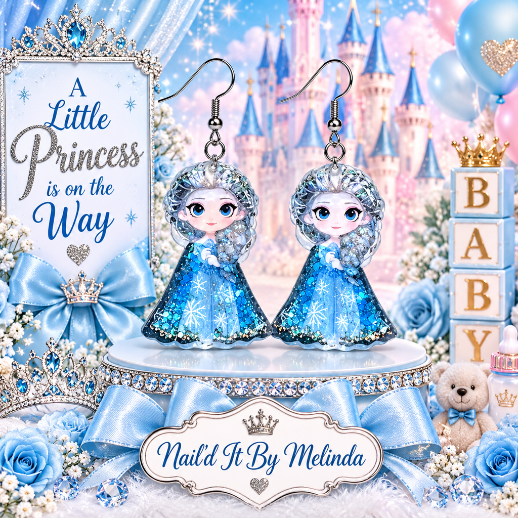 Queen Elsa Frozen Blue Glitter Dangle Earrings - branded icy castle background